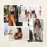 examples of boho outfits on models wearing wraps, skirts, dresses and a rack filled with boho outfits