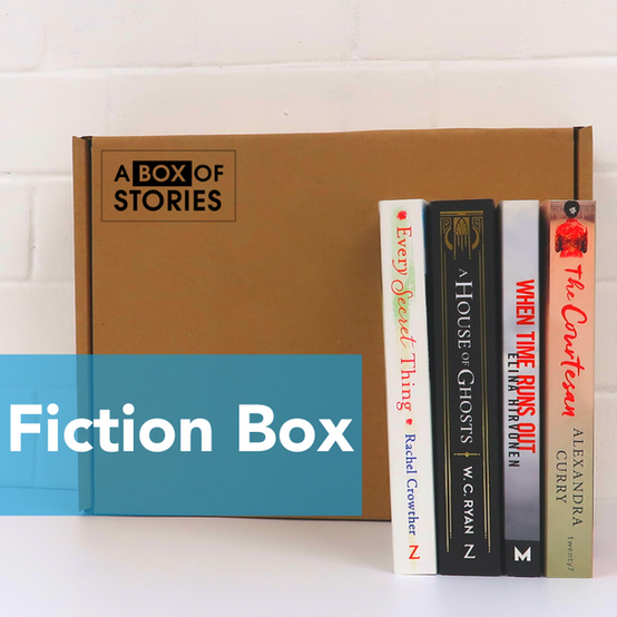 Brown box filled with fiction books, showcasing a variety of gripping titles and intriguing covers, perfect for mystery lovers.