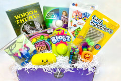 School box sensory toys, pin print, squish donuts, glow ball, stretch noodles, butter putty, sketch tablet, arctic friends box, fidgets
