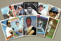 Arrangement of ten Hall of Fame baseball cards, fanned out on a tan-colored mat, featuring Roberto Clemente and others.