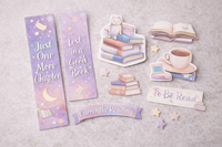 Bookmarks are laminated. Vinyl stickers are durable and water proof. 

Bookmarks size 2.75 x 8.5
Sticker size 2 inch