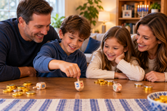 A family of four, including two children, is at a table playing a game of dreidel, in celebration of Hanukkah.