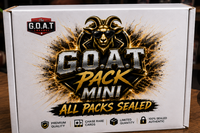 The G.O.A.T Pack Mini sealed multi-sport trading card mystery box displayed with basketball, baseball and football card packs, hobby boxes a