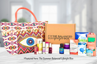 The Balanced Lifestyle Box for women showcases self-care products and a reusable tote bag for wellness journeys