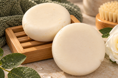 Tranquil Rose solid shampoo and conditioner bars displayed on a wooden soap tray with botanical accents and natural styling.