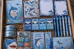 Ocean Box

Happy Mail Stationery Club ocean-themed stationery subscription box featuring shark notebook, ocean stickers, blue washi tape, st