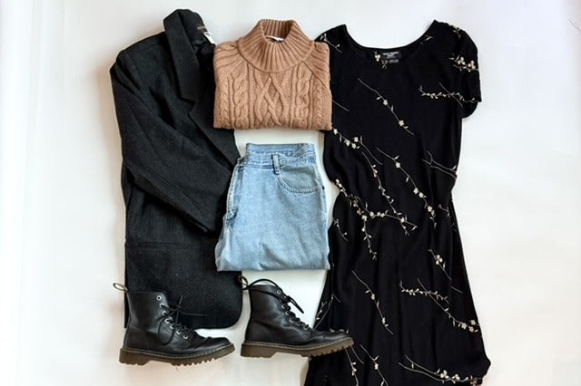 a fall collection of cable knit sweater, vintage blazer, silk floral dress, combat boots and jeans to match