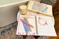 Promise Keeper Christian journal planner subscription verse map highlighters Bible candle in bathroom