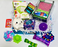 Teen Box with pin print, squish needoh cats, magnets, Squishable bunny, spinner, bubble notepad, textured brush, spiky ball, swirl globe