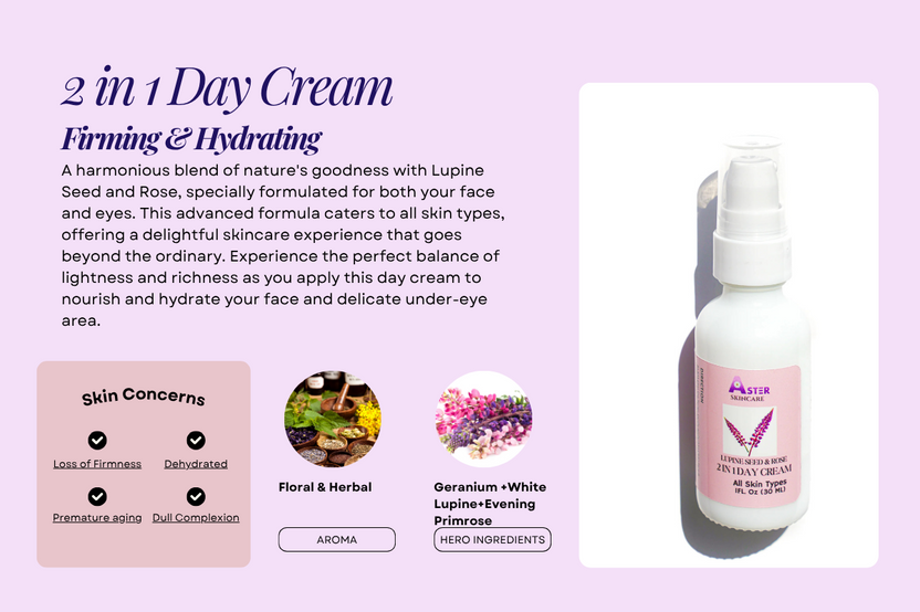 Aster Lupine Seed and Rose Day Cream with botanical ingredients for hydrated radiant skin.