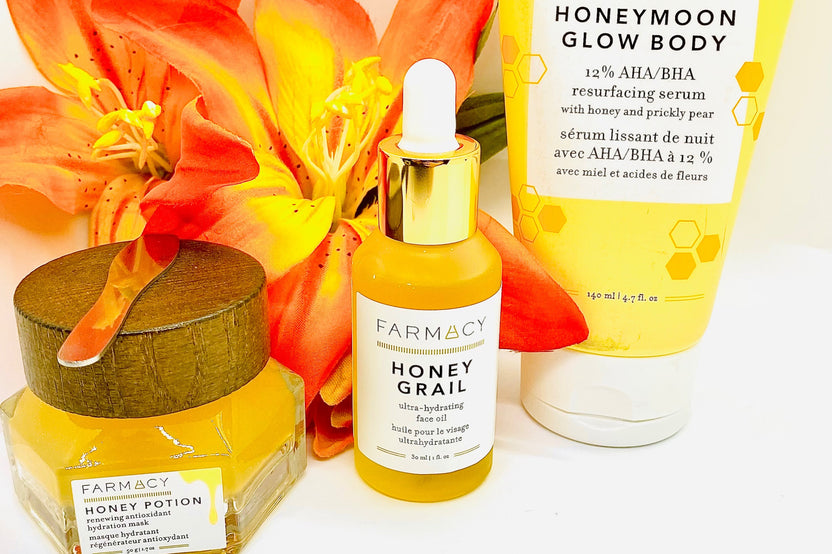 Farmacy honey potion skincare mask set including the holy grail anti aging serum, and one Farmacy holy grail facial scrub.