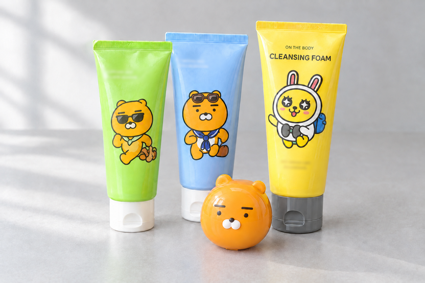 Up close on Kakao Friends picks from a past Deluxe box: two Ryan tubes, an On The Body cleansing foam printed with Muzi, a round Ryan pot
