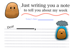 example of custom stationery designed by Quirky Pickle, showing cartoon potatoes and text to fill out date, name, and message to penpal