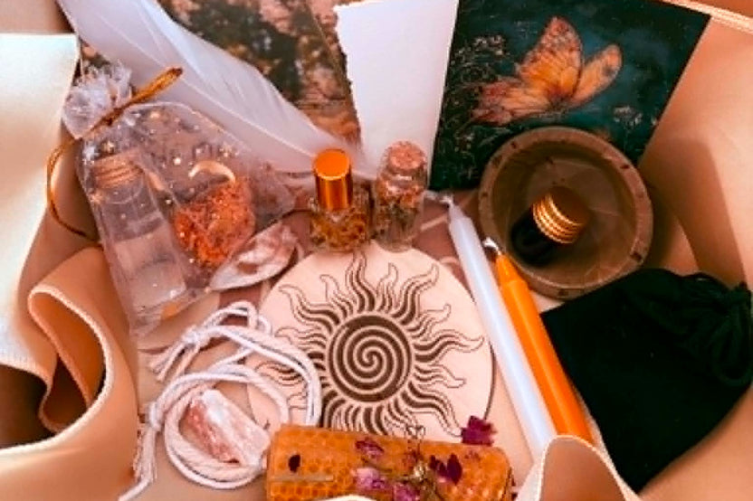 Midsummer Anointing Oil, Loose Incense Blend, Solar Ink, Dressed Beeswax Candle, Altar Card, Sun Wheel Altar Tile, Altar Cloth + more.