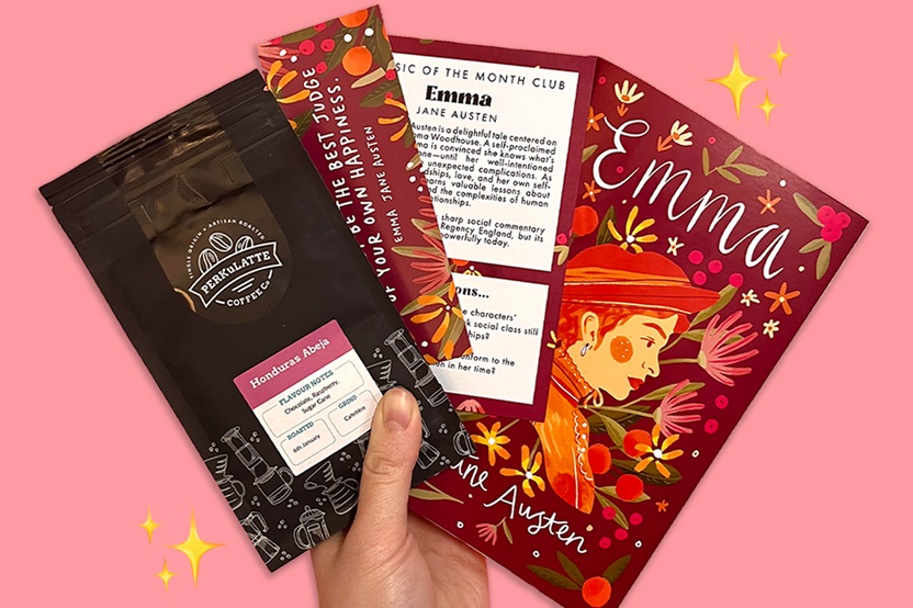A hand holds "Mansfield Park" with two other Jane Austen novels on a table, part of Bookishly's coffee subscription