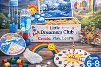 Colorful crafts from the Little Dreamers Club subscription box for kids, featuring weather-themed crafts and educational activities 