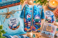 Cute ocean-themed bookmark subscription featuring two shark reading bookmarks, a matching shark sticker, blue happy mail package, and a book
