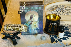 when women had wings tarot deck, triple moon goddess essential oil burner, essential oil, rosemary smudge stick