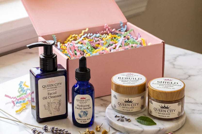 Queen City Skincare face ritual with an oil cleanser, hydrating facial serum, day cream, and night cream displayed beside an open pink box.