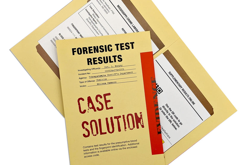 A yellow  folder with the case results showing whodunit. It is stamped as CASE SOLUTION. The answer is no visible. :-)