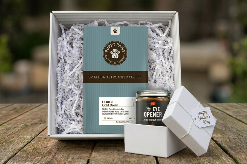 Box includes: 
one full-size  12oz bag of coffee , 
a themed lagniappe gift for the human 
and a sample treat for your furry friend