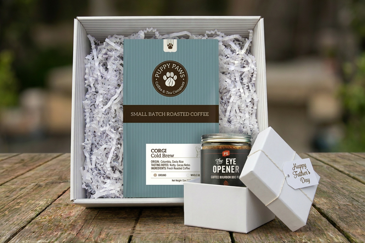 Box includes: 
one full-size  12oz bag of coffee , 
a themed lagniappe gift for the human 
and a sample treat for your furry friend