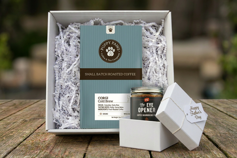 Box includes: 
one full-size  12oz bag of coffee , 
a themed lagniappe gift for the human 
and a sample treat for your furry friend