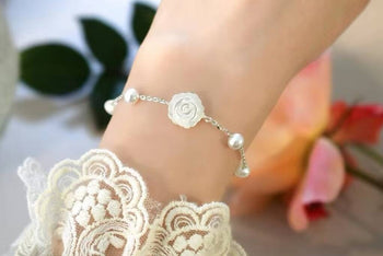 Sara Roses Flower Ivory Silver Pearl Ball Charm Gift Bracelet