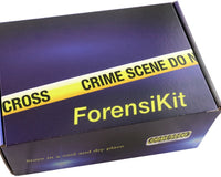 A blue box containing a forensikit is displayed on a white backdrop. The box has the word Forensikit on the front & yellow crime scene tape