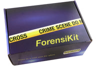 A blue box containing a forensikit is displayed on a white backdrop. The box has the word Forensikit on the front & yellow crime scene tape