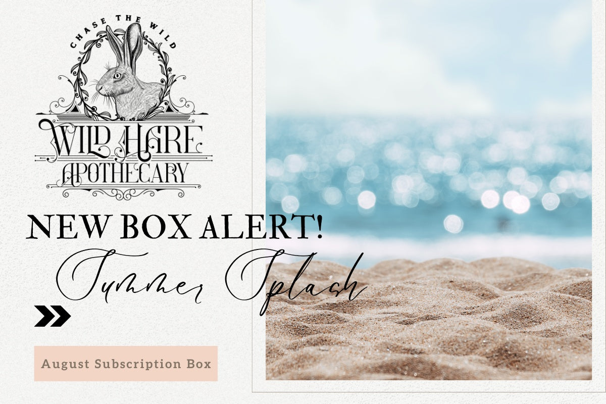 Graphic announcing the newest subscription box- Summer Splash with Wild Hare Apothecary branding and logo
