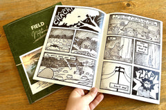 A field notebook and an opened page of the comic book. The pages show the story of Rainha the sloth.