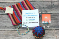 Box of Blessings Haiti and Guatemala: colorful potholder, urban art bracelet, hackysack, around the world earrings