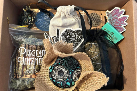 Piscean Untamed carefully curated subscription box with Wildcrafted locally foraged herbs, hand poured soy candle plus much more! 