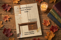 The Fiction Writer's Genre & Theme Guide flat-lay on a wood table with a candle, vintage books, and autumn leaves.