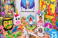 Colorful crafts from the Little Dreamers Club subscription box for kids, featuring mythical creatures and educational activities for ages 3-5