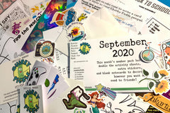 contents of one of the original packs, which shows. stickers, stationery, writing prompts, activity sheets, and more