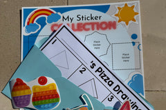 A sample of the monthly themed mailer, with stickers, a sticker poster for display and activity sheets.