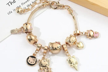 Vintage Kitty Charm Bracelet with Cupcake and Teapot / Cute and Collectible Jewelry