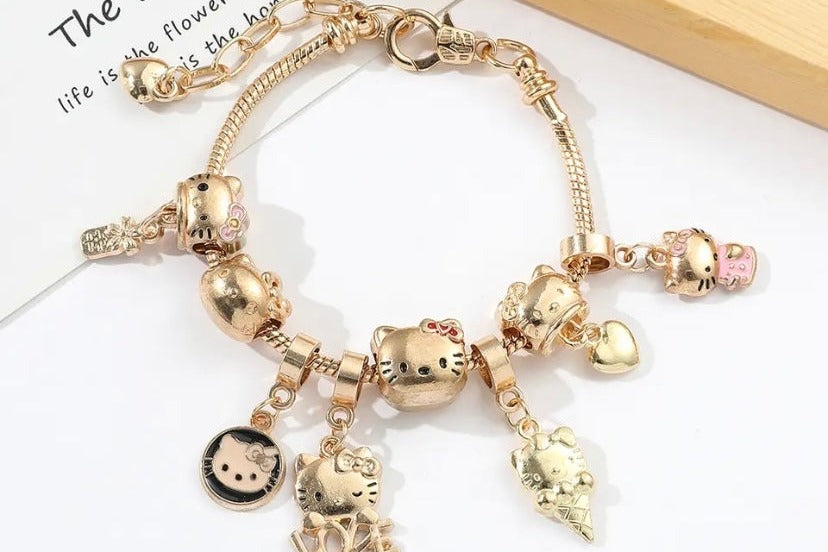 Vintage Kitty Charm Bracelet with Cupcake and Teapot / Cute and Collectible Jewelry