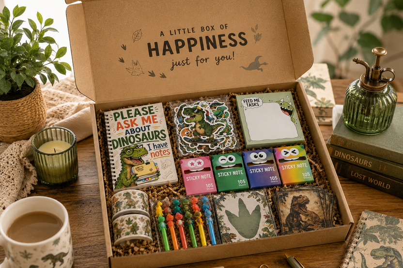 Happy Mail Stationery Club dinosaur-themed stationery subscription box featuring dinosaur's notebook, stickers, memo pads, washi tape, pens