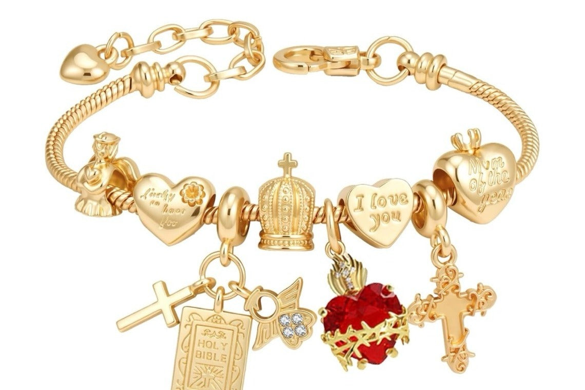 Hearts on Fire Gold Charm Bracelet — Ruby Gemstone Heart, Gold Cross & Angel Charm Friendship Bracelet, Gift for Her