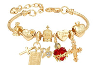 Hearts on Fire Gold Charm Bracelet — Ruby Gemstone Heart, Gold Cross & Angel Charm Friendship Bracelet, Gift for Her