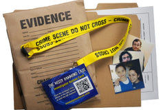 The case file with a yellow crime scene lanyard and an id badge with a QR code leading to mommymurdered.com