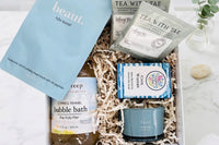 Just Chill- a sip and soak box with cypress fennel bubble bath, Tahiti candle, hydrating bar soap, h2o face mask and calming tea 