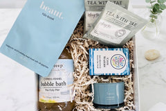 Just Chill- a sip and soak box with cypress fennel bubble bath, Tahiti candle, hydrating bar soap, h2o face mask and calming tea 