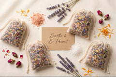 Natural bath tea sachets with organic lavender rose chamomile calendula ingredients on marble surface