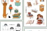 An image of thee book themed sticker sheets.  Stacks of books, people and animals are reading, including a daschund reading a book