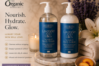 REBIRTH Lavender and Lillies Body Wash and Lotion displayed in a luxurious self-care setting by The Organic Armoire.