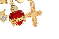 Hearts on Fire Gold Charm Bracelet — Ruby Gemstone Heart, Gold Cross & Angel Charm Friendship Bracelet, Gift for Her